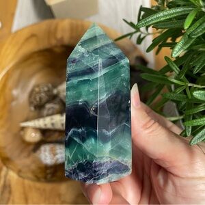 Green and Purple fluorite Crystal Tower